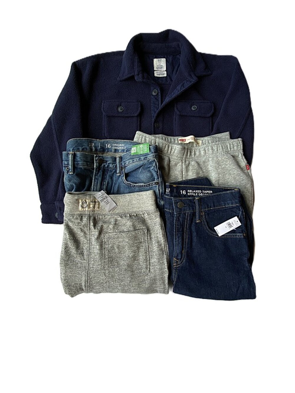 GAP 2 NEW Jeans US16, NEW Sweatpants, Shirt and LEVI'S Knit Joggers XL Set of 5